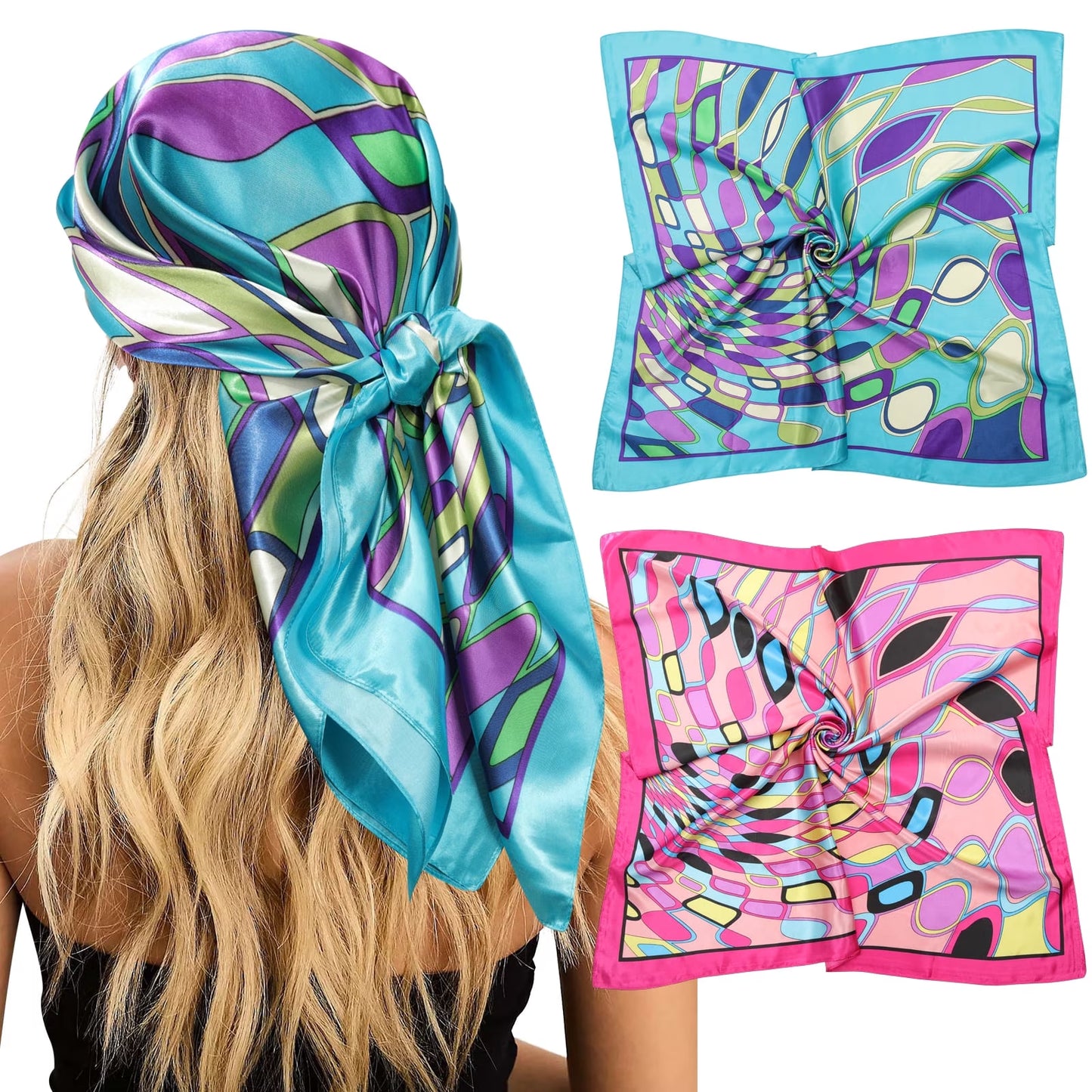 Large Square Head Women'S Satin Wrap Head Scarf Set, Multicolor Silk like Floral, 2 Pack