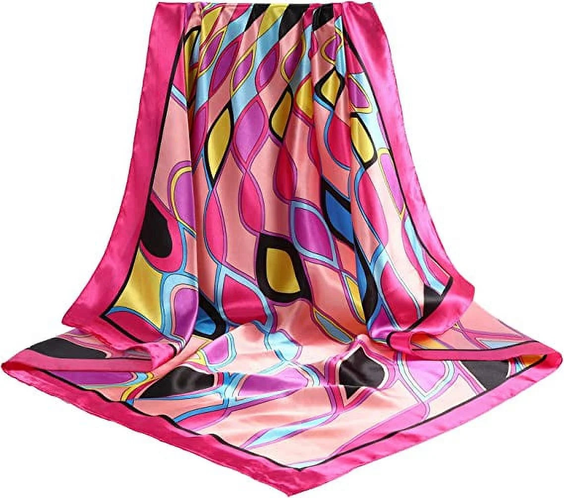 Large Square Head Women'S Satin Wrap Head Scarf Set, Multicolor Silk like Floral, 2 Pack