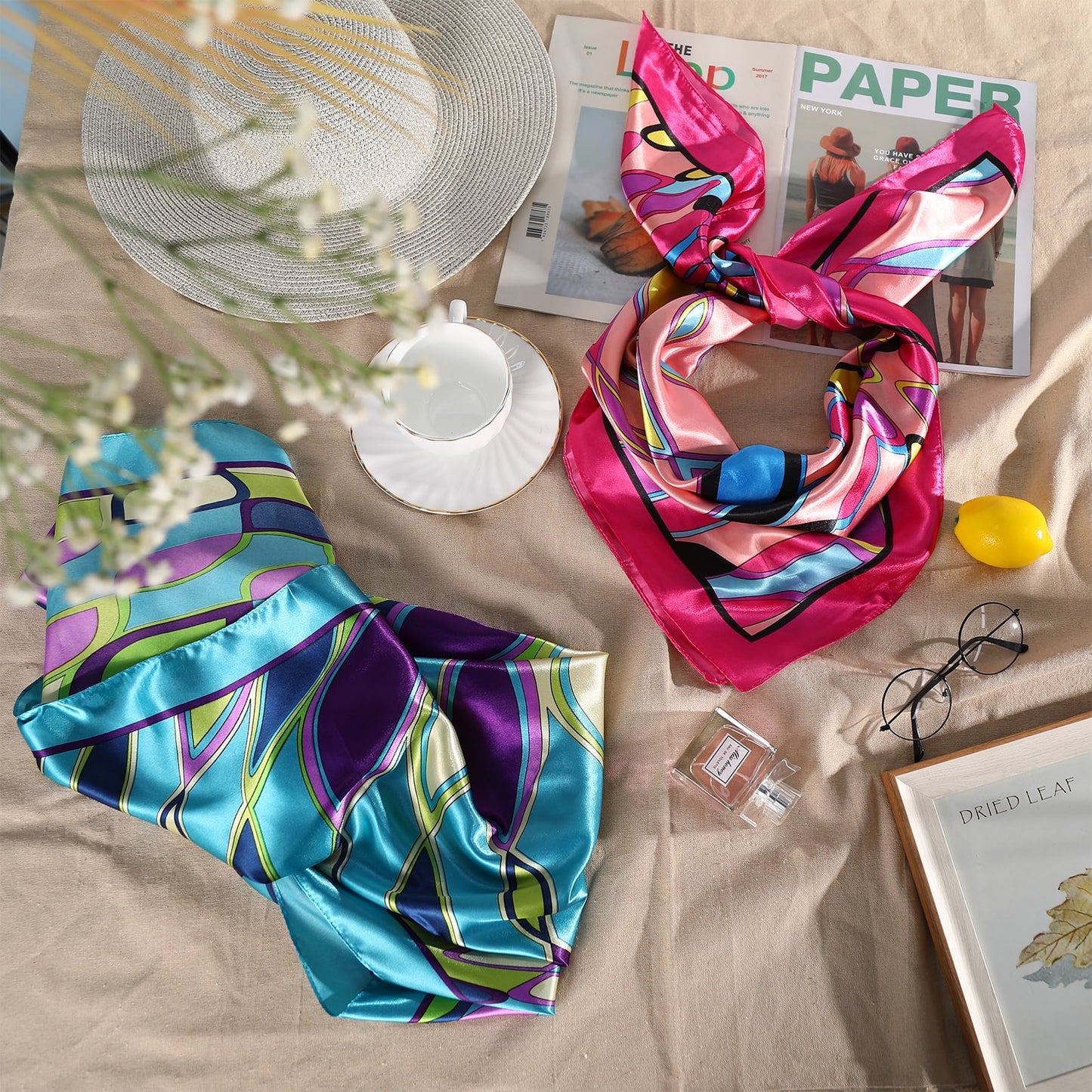 Large Square Head Women'S Satin Wrap Head Scarf Set, Multicolor Silk like Floral, 2 Pack