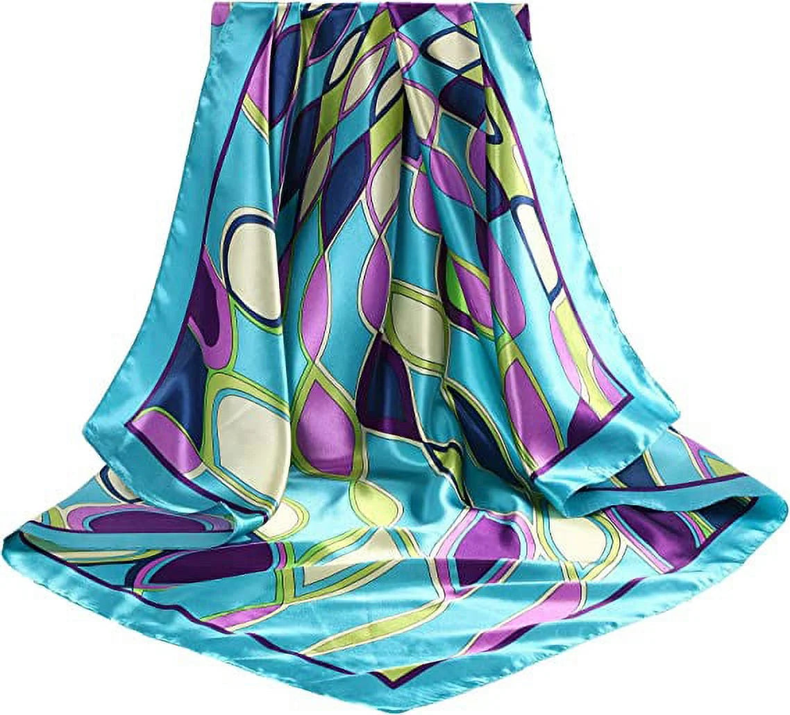 Large Square Head Women'S Satin Wrap Head Scarf Set, Multicolor Silk like Floral, 2 Pack